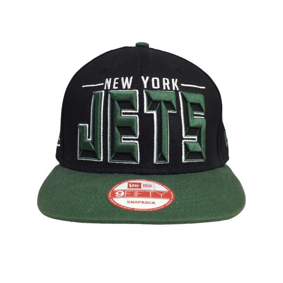 New Era 9Fifty NFL Jets Black Large Embroidered Spell Out Cotton SnapBack Hat - Picture 1 of 12